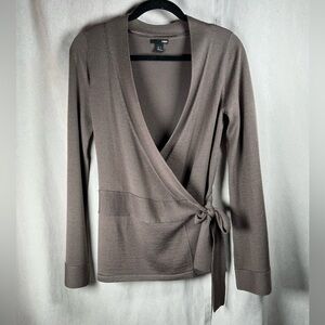 H&M Wrap Over Front Long Sleeve Cardigan with Waist Tie Belt - Medium in Brown